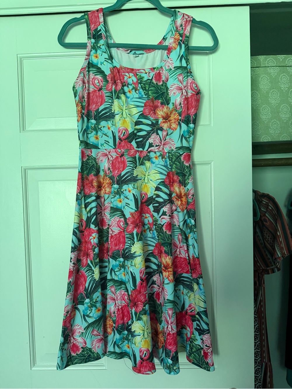 Tropical Floral A-Line Sundress in Aqua & Pink